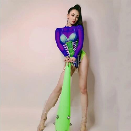 Rave Outfits Women Fluorescent Green Party Interactive Touring Bodysuit Suit Gogo Nightclub Bar Pole Performance Costumes XS1535