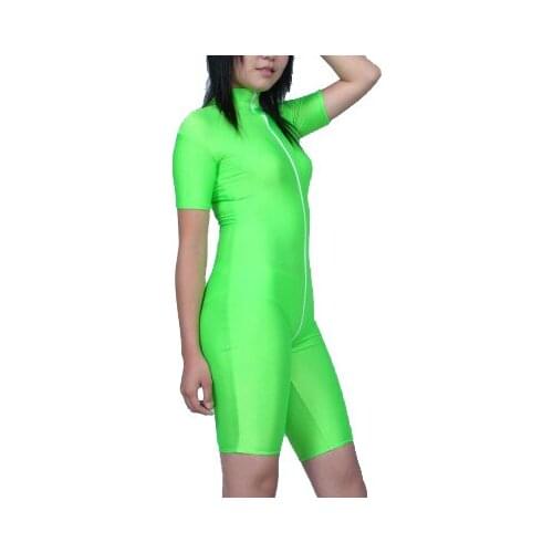 Free Shipping Unisex Sexy Green Color Short Sleeve Zentai Suit Leotard Front Zipper