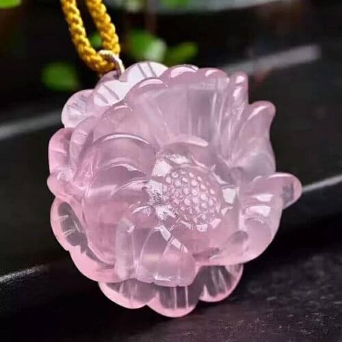 Genuine Natural Pink Quartz Sculpture Flower Shape Women Fashion Pendant