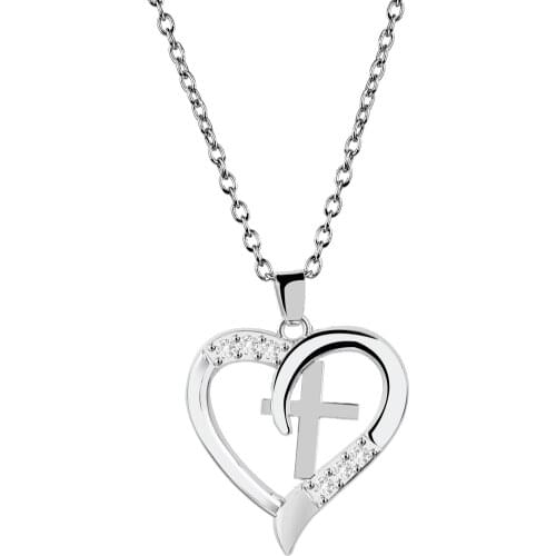 Charm Heart Cross Pendant Crystal Rhinestone Necklace Lady Silver Color Jewelry