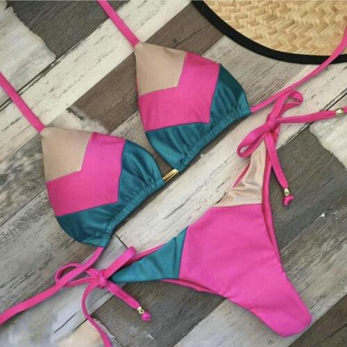 Sexy Bathing Suit 2 Pieces Swimsuit Patchwork Micro Bikini Thong Swimming Suit Halter Women Swim Wear 2020 Bikini String Beach