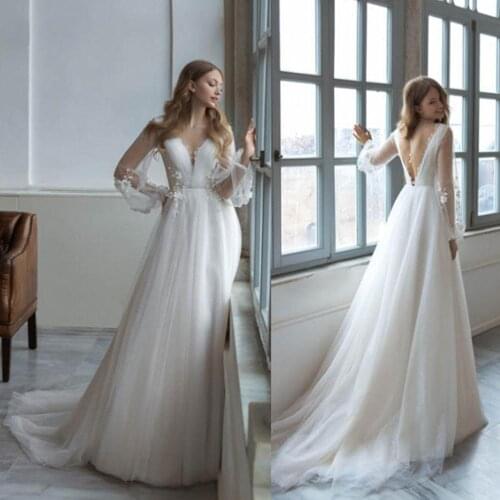 2020 Fashion Wedding Dresses V Neck Long Sleeves Lace Appliques Bridal Gowns Custom Made Backless Sweep Train Wedding Dress