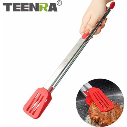 TEENRA Non-stick Kitchen Tongs Stainless Steel Food Tongs Non-slip Silicone Bread Steak Clip Salad Pizza Kitchen Accessories