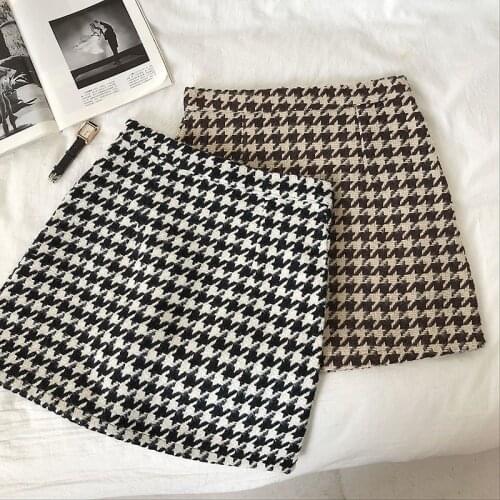 Houndstooth woolen short skirt female autumn and winter new style Korean retro a-line skirt
