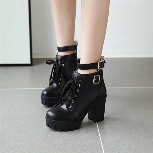 YMECHIC Plus Size Punk Goth Black White Buckle Strap Biker Ankle Boots for Women Platforms Block High Heels Womens Gothic Shoes