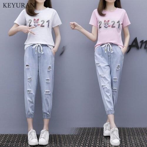 Women Fashion Hot drilling 2021 Print Tops T-shirt Hole Jeans 2 Pieces Sets New Summer suit Casual Womens Denim Pants Tracksuit