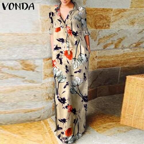 Fashion Floral Printed Long Maxi Dress 2021 VONDA Women Spring Long Sleeve Kaftan Dress Pockets Lapel Collar Shirts Vestido