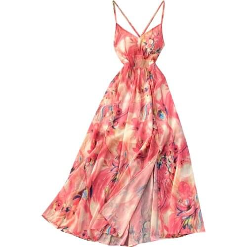 New Summer Women Beach Vacation Dress Sexy V-Neck Spaghetti Strap Backless Bandage Fashion Print Chiffon Long Dress