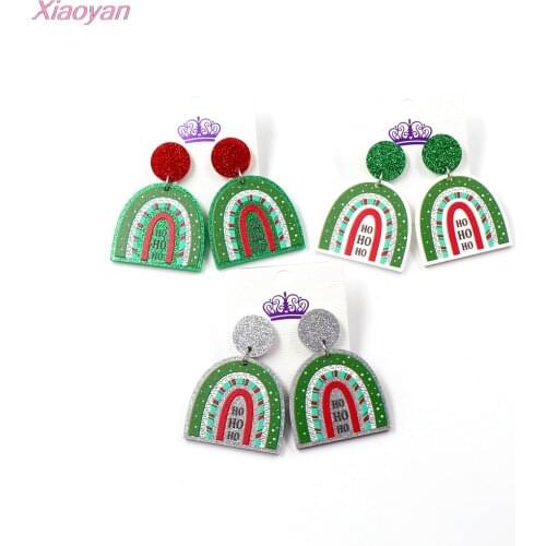 1pair/lot) ER1180-35mm HO HO HO Earrings Christmas Rainbow Dangle Earrings Glitter Acrylic Earrings
