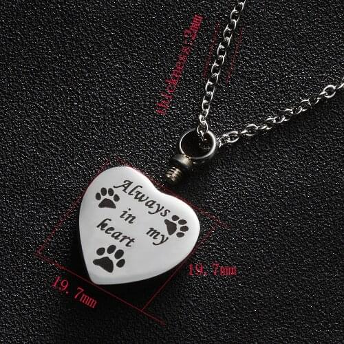 10pcs/lot Stainless Steel Heart Ash Pendant Necklace Memorial Jewelry Always in my heart Dog Cat Paw Cremation Urn Necklaces
