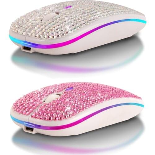 2.4G Wireless + Bluetooth 5.0 Dual Mode Mouse Rechargeable Computer RGB Light Mause Silent Click Pink Crystal Mice For Women