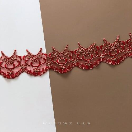 2Yd Gold Line Red Mesh Lace Trims Applique Fabric Flower Venise Venice Luxury Embroidery Lace Fabric for Wedding Dresses 8cm