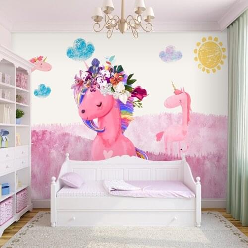 3D Custom cartoon pink unicorn wallpapers girls bedroom large painting murals for baby girl rooms backdrop decor home wall cloth