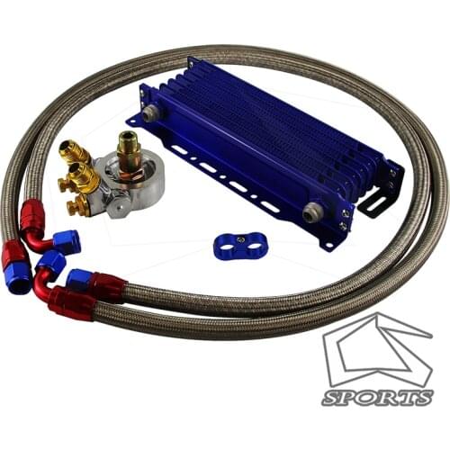 7 Row Engine Racing Trust Oil Cooler w/ Thermostat Oil Filter Adapter Kit Black/Blue