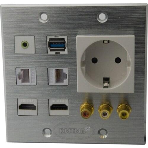 120 X 120mm Aluminum face plate with HDMI 3.5mm Audio 3RCA AV USB AC power wall plate and support DIY