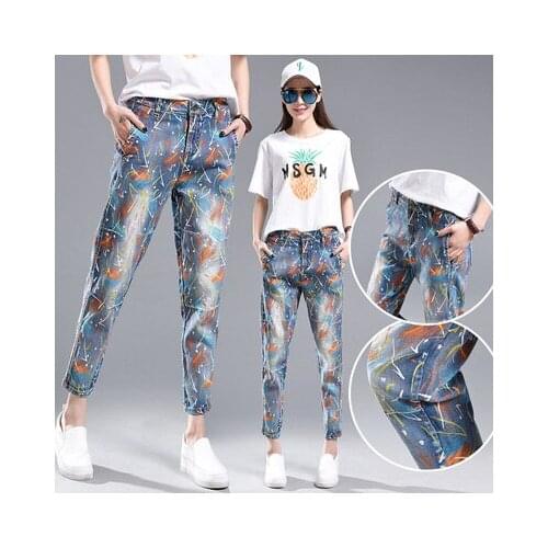 Ankle-Length Pants Women high waist painted denim printed feet pants harem pants personality loose carrot trousers jeans