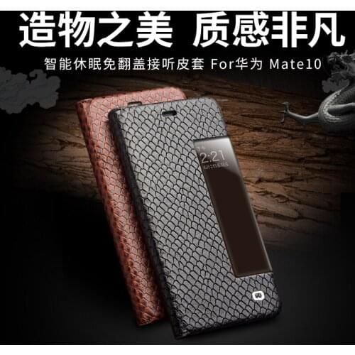 Genuine Leather Cover for Huawei Mate 10 Mate10 Phone Case Natural Cow Skin Window Intelligent smart sleep wake up Dragon scales