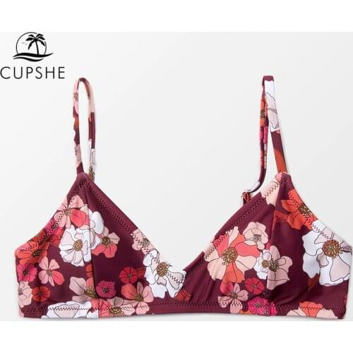 CUPSHE Burgundy Floral Bikini Top For Women Sexy V-neck Spaghetti Straps Top 2021 Girl Separate Swimwear Bathing Bra Top