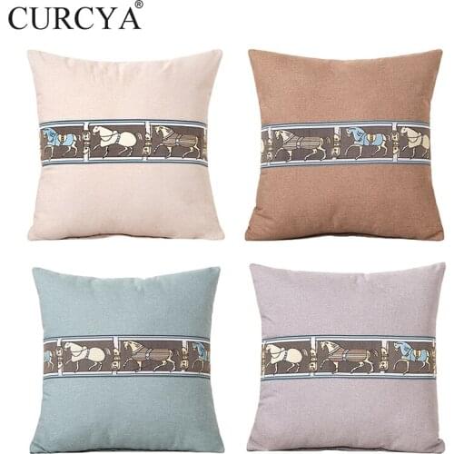 CURCYA Like Linen Cushion Covers Applique Ancient Chinese Horses Throw Pillow Case for Sofa Office Chair Car Decoration 45x45cm