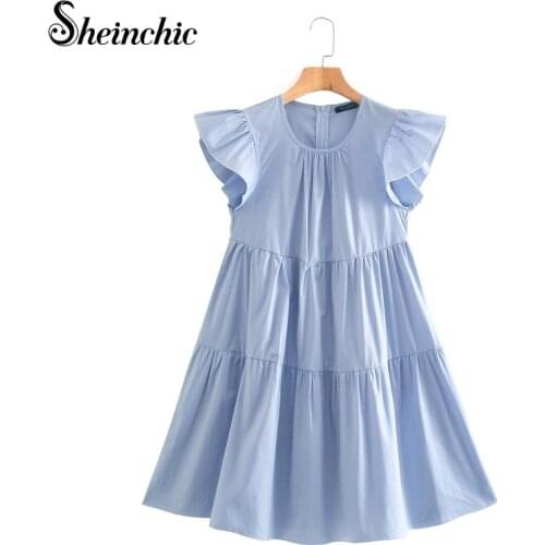Elegant White/blue Ruffles Woman Dress 2021 Summer Casual O-neck Short Cotton Dresses for Women