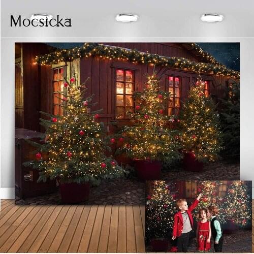 Photography backdrop Christmas tree Night family house Photo Booth Background Glitter Christmas tree happy new year 2021