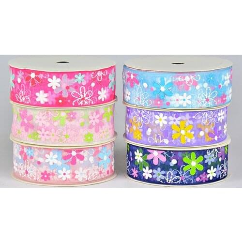 Organza Ribbon 100% Polyester Transparent Printed Flower 1" 25mm DIY Wedding Party Decoration Crafts Gift Packing Belt BBXQ-035