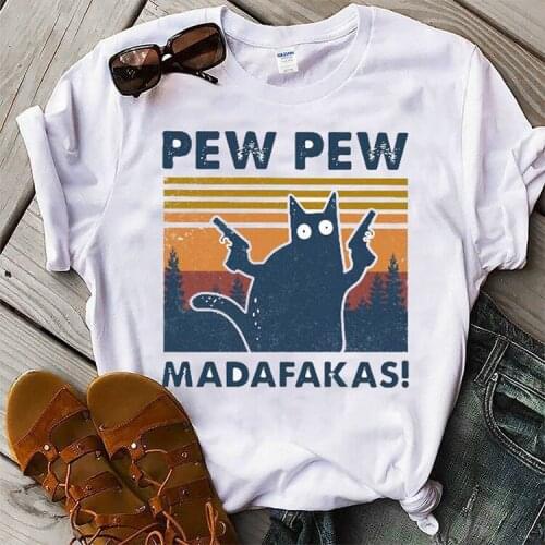 Summer Short-Sleeved T-Shirt Women Pew Pew Madafakas Print Funny Black Pistol Cat Casual Female T-Shirt Loose Tshirt Tops 2021