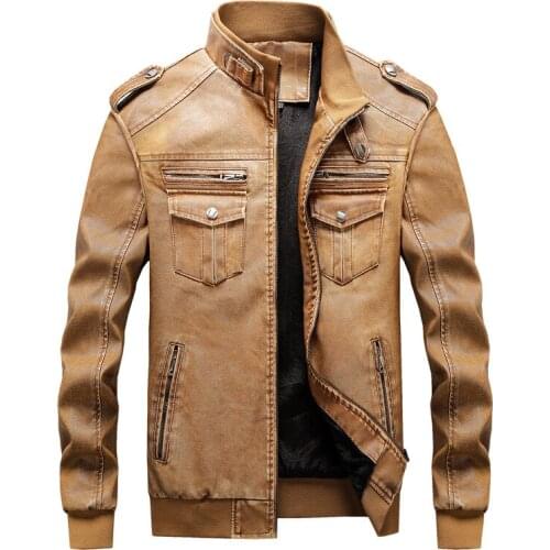 2021 Mens Loose Multi-Pocket Epaulet with Stand Collar Washed-out Vintage PU Leather Fleece-Lined Leather Jacket
