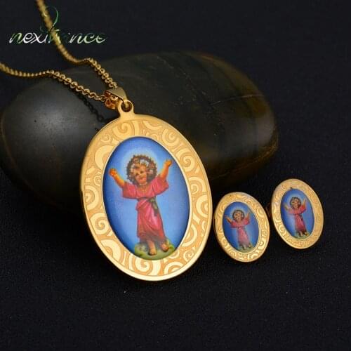 Nextvance Religious Oval Jesus Statement Pendant Necklace Catholic Blessed Divine Nino Stud Earring Necklaces Set For Women Men