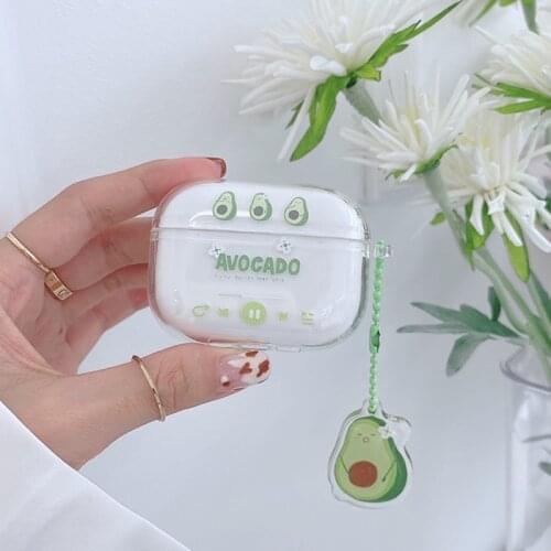 Cute Avocado Pattern Clear TPU Soft Earphone Box For Apple Airpods Pro 3 Case for AirPods 2/1 Protect Cover Shell Fruit Keychain