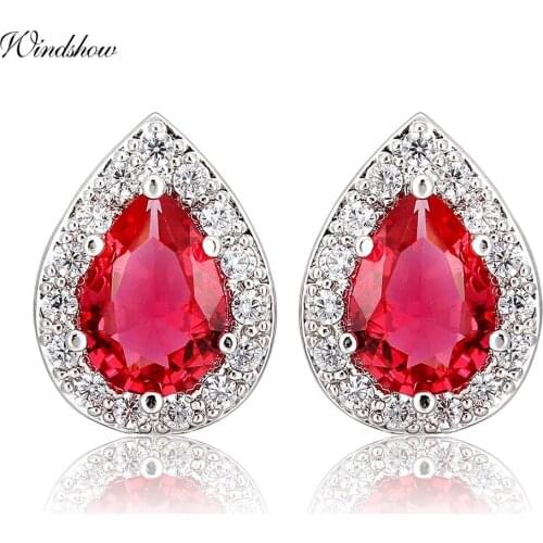 Windshow Pear Cut Red AAA CZ Zircon w/ White CZ Accent Teardrop Stud Earrings For Women White Gold Color Jewelry Orecchini Aros