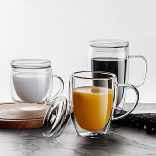 Heat Resistant 250/350/450 Ml Beer Coffee Water Cups Wholesale Transparent double glass coffee cups with lids