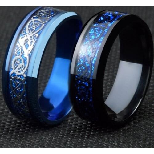 Vintage Black Blue Dragon 316L Stainless Steel Ring Gold Blue Black Dragon Inlay Comfortable Suitable For Mens Wedding Rings