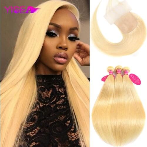 Yisea Hair Blonde Bundles With Closure Brazilian Remy Straight Hair Bundles With Closure 613 Bundles With Closure PU Silk Base