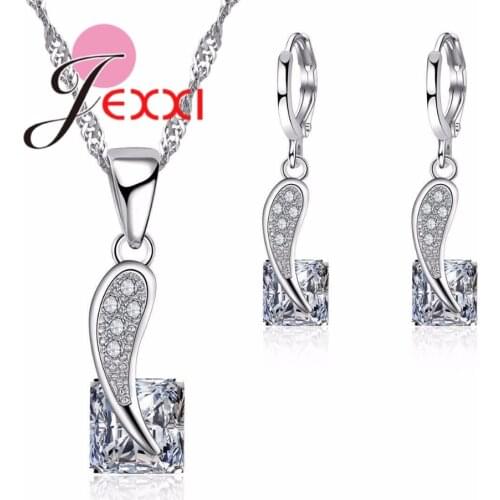 925 Sterling Silver Jewelry Sets for Women Wedding Necklace Pendant Hoop Earring New Arrival Square Crystal Unique Design