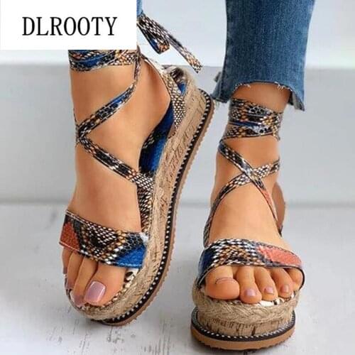 Women Sandals New Summer Fashion Snake Flats Gladiator Wedges Shoes Woman Peep Toe Hemp Lady Lace Up Casual Plus Size 35-43