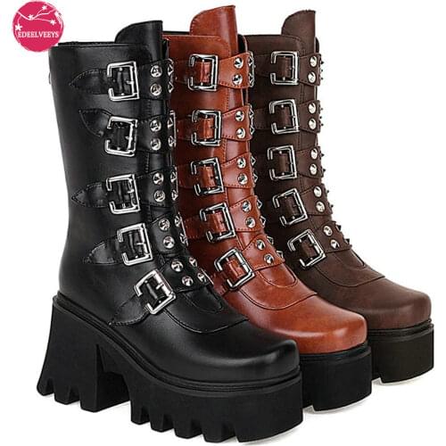 Brand Design Big Size 43 Black Gothic Style Cool Punk Motorcycles Boots Female Platform Wedges High Heels Calf Boots Women Shoes