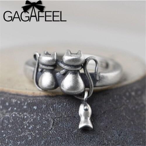 GAGAFEEL Lovely Cat Open Ring S925 Sterling Silver Female Engagement Wedding Gift Jewelry Adjustable Two Kitten Earrings