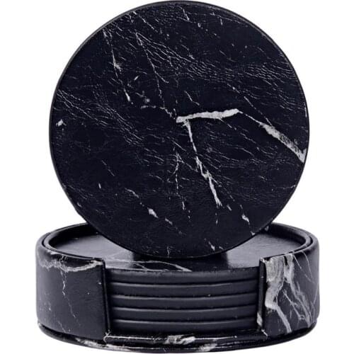 6 PCS Creative PU Leather Marble Coaster Drink Coffee Cup Mat Tea Pad Dining Table Placemats Table Black White Chic Decoration