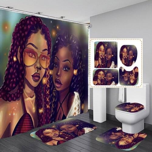 African Sexy Mother and Daughter Fabric Shower Curtain Bath Curtains Set Afro Girl Women Bathroom Non-slip Mat Toilet Pad Carpet