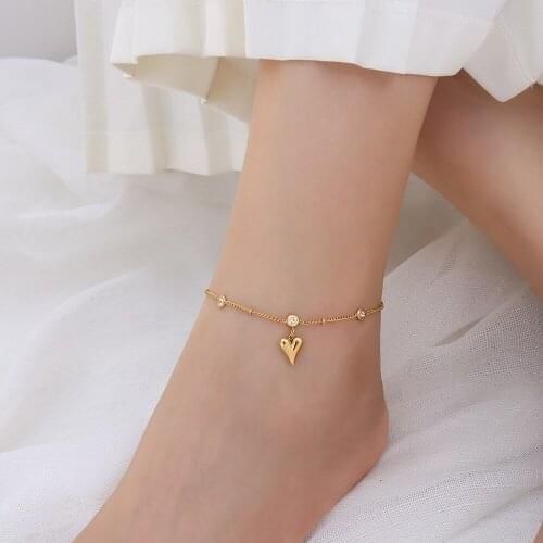 Titanium Steel Heart Zircon Anklet 18K Gold Plated Simple Fashion Beach Woman Girl Foot Anchor Summer Jewelry Gothic Accessories
