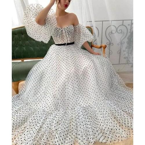 Thinyfull Black Dot Prom Dress Off Shoulder Sweetheart Princess High Waist Black Belt Evening Dresses Vestido De Festa 2021