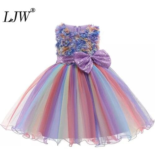 Baby Girl Sleeveless Sequin bow Rainbow yarn dress for Children Clothing Kids Dress for Girls Embroidery Flower Ball Gown