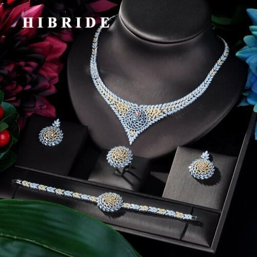 HIBRIDE Classic Zirconia Two Tones Wedding Jewelry Sets Flower Shaped 4 pcs Jewelry for Women Anniversary Party Show N-122