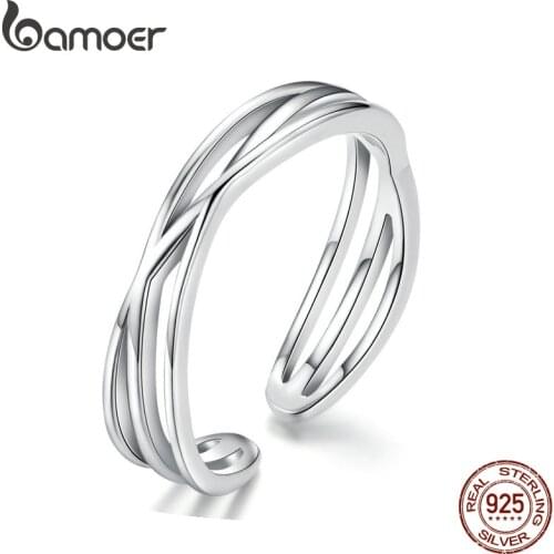 BAMOER Authentic 925 Sterling Silver Geometric Twisted Wave Open Size Finger Rings Women Wedding Engagement Jewelry SCR483