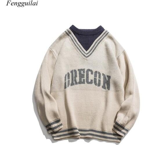 Korean Trend V-Neck Fake Two-Piece Loose Couple Sweater Men and Women Autumn Oversize Sweater 2021