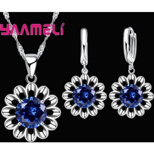 New Fashion 925 Sterling Silver Wedding Jewelry Set Women Top Quality Crystal Pendant Necklace Hoop Earring Big Promotion