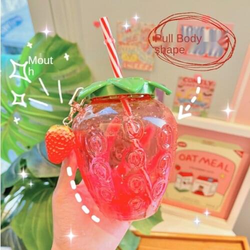 2021New Cartoon Kawaii Strawberry Straw Cup Plastic Cup Lovely Girl Milk Tea Coffee Cup Student Portable Water Bottle