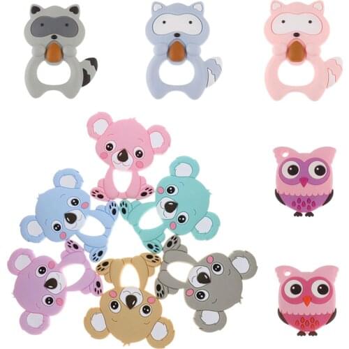 Wholesale Raccoon Silicone Koala Baby Teether 10pc BPA Free Newborn Teething Necklace Shower Gift Cartoon Animal Pendant DIY Owl