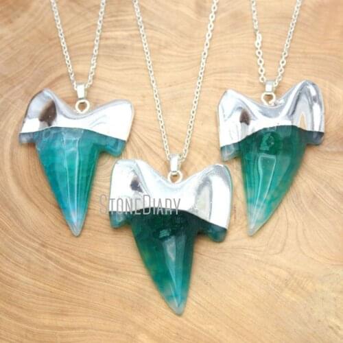 5Pcs Green Blowout Agates Chains Necklaces Silver Electroplated Shark Tooth Shape Chains Necklaces 18-32inch NM15902